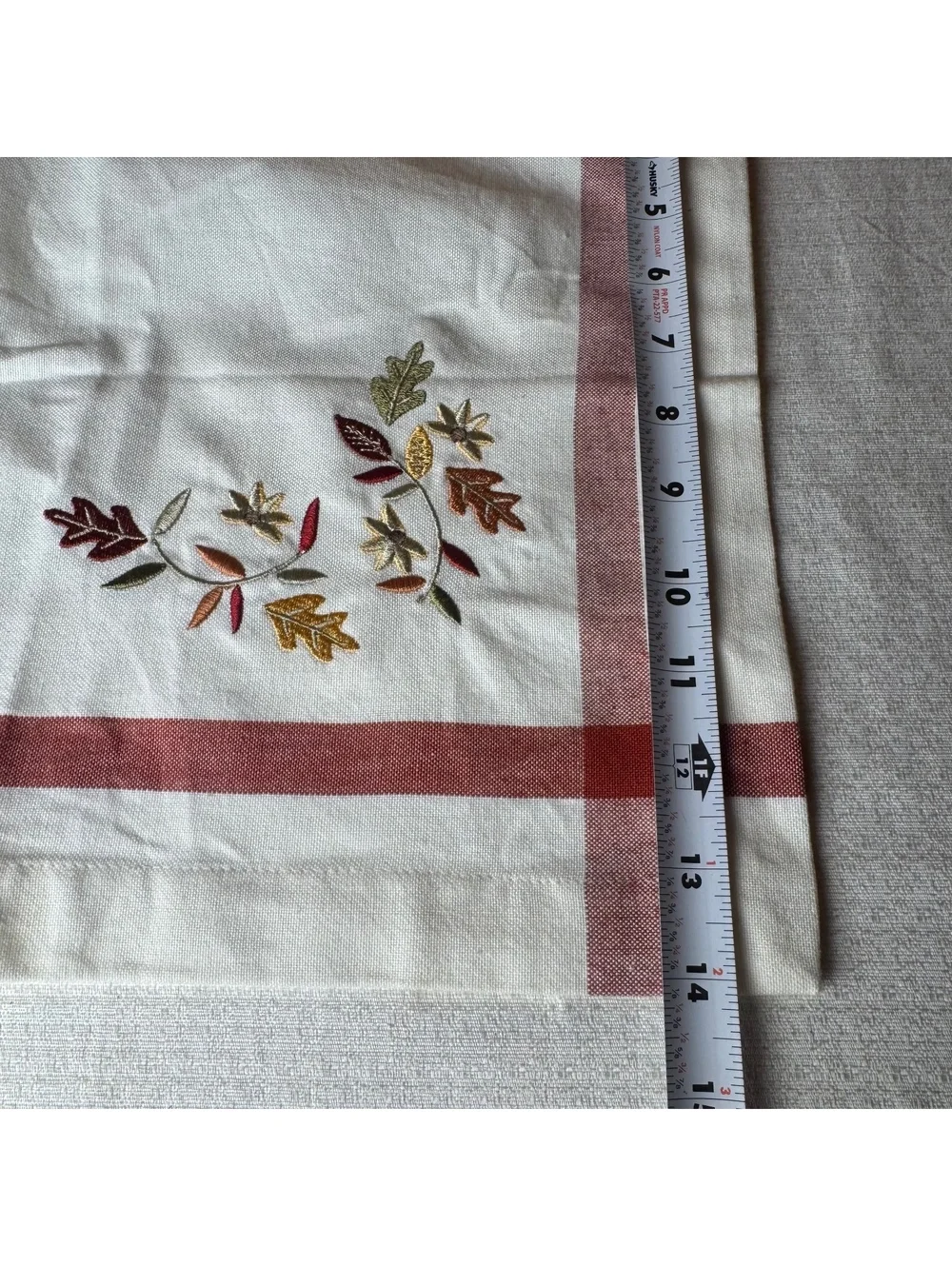 Fall Table Runner 14x70 Embroidered Autumn Leaves Floral Red Plaid Cotton